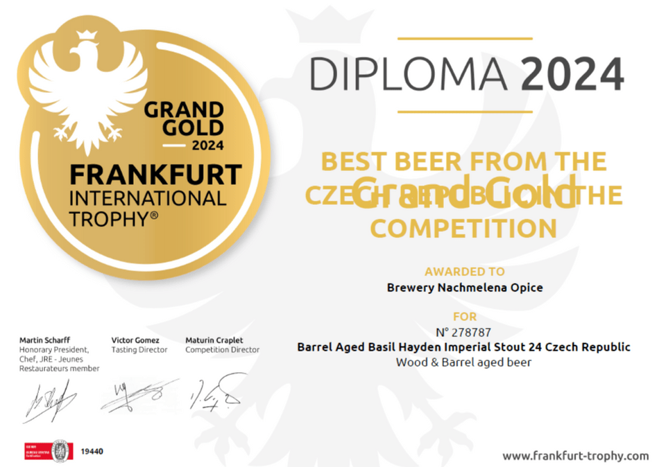 Barrel aged IMPERIAL STOUT 24% Basil Hayden: Best beer from Czech Republic in Frankfurt International Trophy 2024